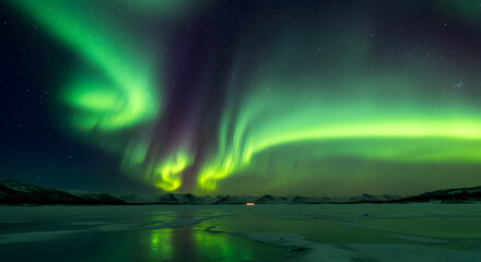 Observing Aurora Borealis Displayed Over a Frozen Landscape