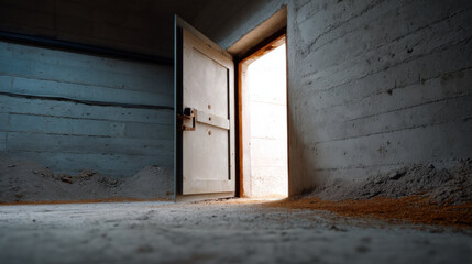 partially open bunker door suggests uncertainty and mystery. dimly lit concrete room adds to suspense