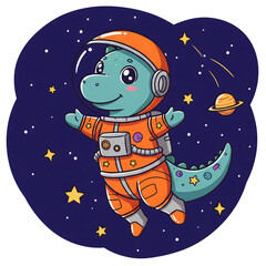A cartoon dinosaur dressed as an astronaut floats in space