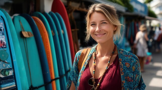 Happy young woman browsing surfboards at beach shop