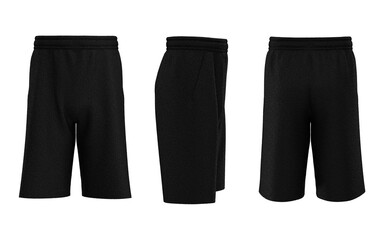 Blank Isolated short fleece jogger mockup front back and side view 3d rendering black color