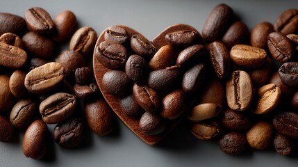 Naklejka premium Warm Coffee Beans with Heart-Shaped Wooden Scoop on Gray Surface