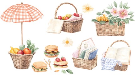 Watercolor picnic baskets, food, umbrella, flowers, books.