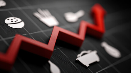 Red zigzag line on economic chart with food icons, symbolizing market trends