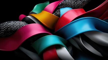 Abstract colorful ribbons swirl on black background
