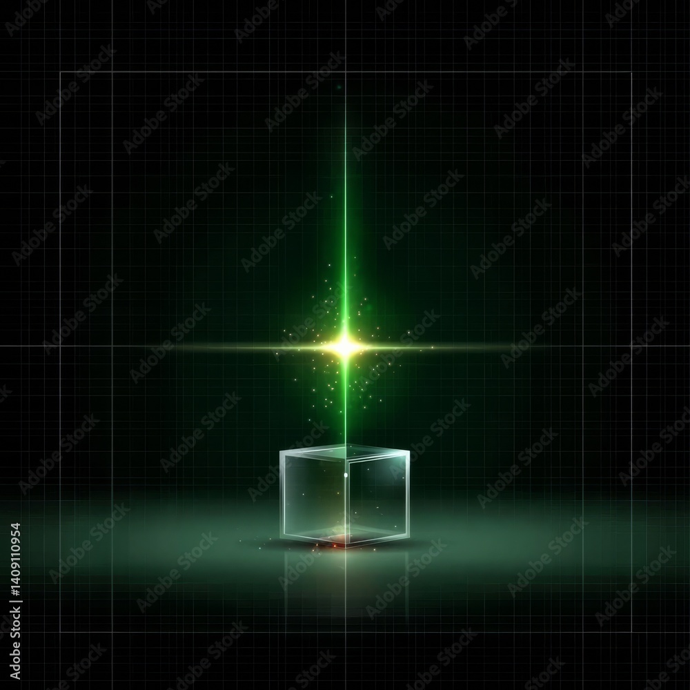 Poster green beam emerging from a glass cube on a dark grid background, abstract and futuristic design.