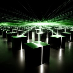 Luminous Matrix: An Abstractscape of Dark Cubes and Radiant Green Lines Emanating from a Central Point, Creating an Ethereal Vision