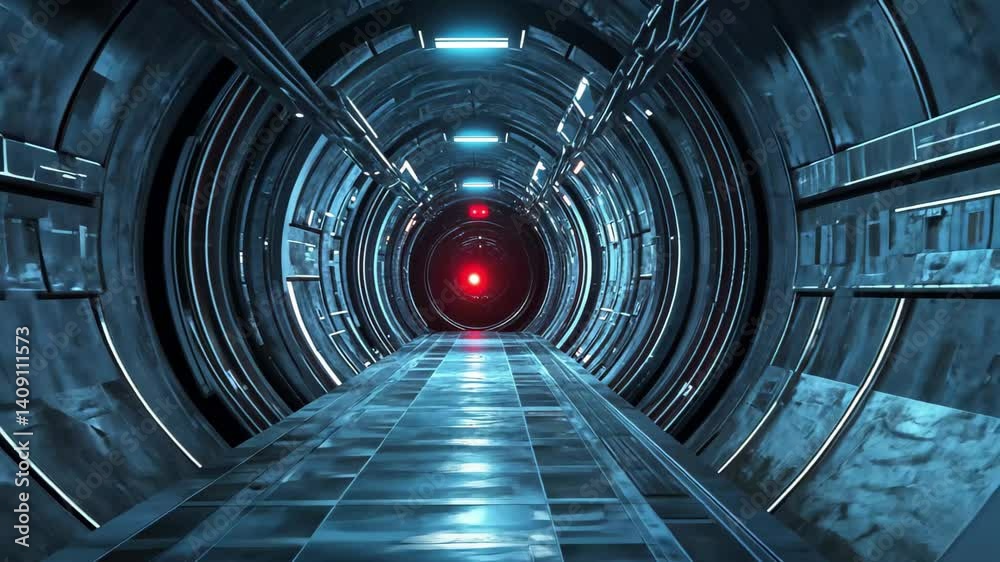 Poster floating dark sci fi block tunnel with neon lights illustrating advanced technology, floating dark s