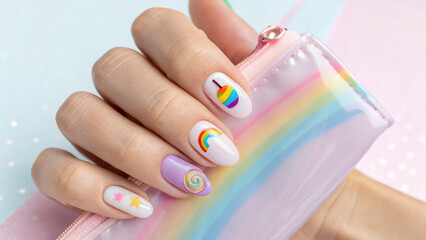 Pastel gradient nail art, Minimalist trendy style Colorful nail art design featuring playful patterns and a vibrant background.