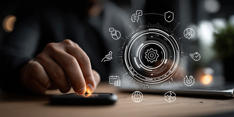 person interacts with futuristic digital interface displaying algorithmic icons