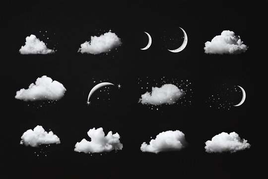 Minimal weather symbols in monochrome style with moonlight, raindrops and cloud graphics