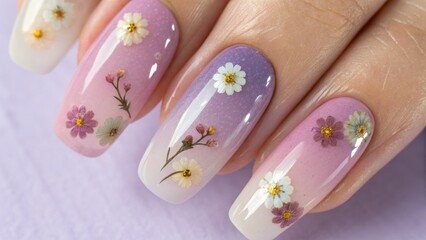 Pastel gradient nail art, Minimalist trendy style Beautifully designed nails featuring floral patterns in pastel colors.