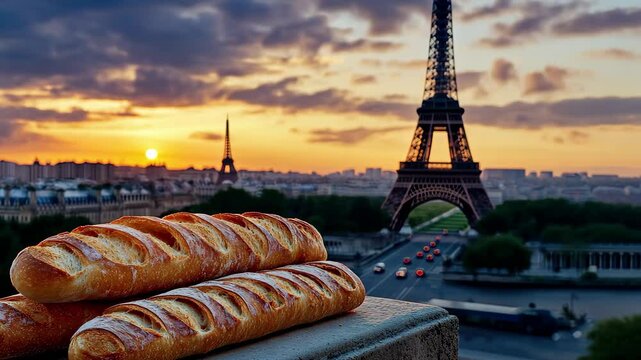 Fresh baguettes beside the Eiffel Tower during a beautiful sunset in Paris, Fresh baguettes on ledge with famous tower in background at sunset