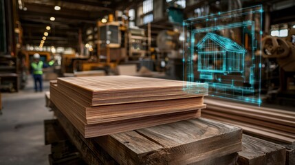 Fototapeta premium Factory wood panels, blueprint overlay, construction, manufacturing