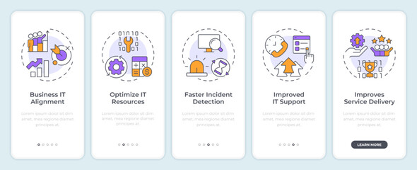 ITIL benefits onboarding mobile app screen. Walkthrough 5 steps editable graphic instructions with linear concepts. UI, UX, GUI. Montserrat SemiBold, Regular fonts used