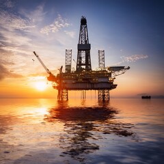 Obraz premium Silhouette of oil rigger from a far at sunset