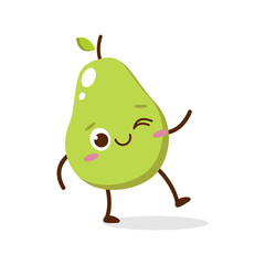 Cute green avocado cartoon character with happy face, showing a Joyful pose. Perfect for kids illustrations, healthy food designs, or educational materials. Isolated on white background with soft shad