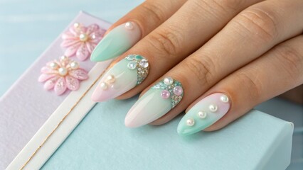 Pastel gradient nail art, Minimalist trendy style Stylish manicured nails with decorative elements...