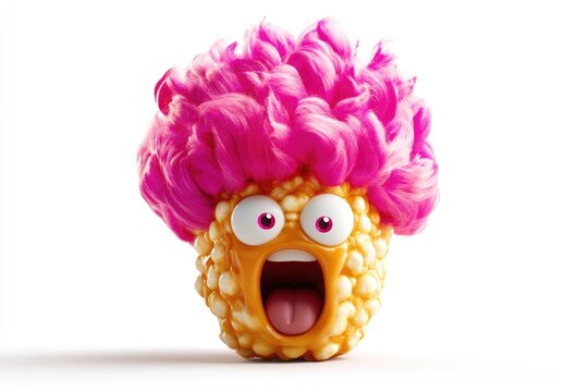 A 3D render of a surprised, orange, popcorn-like creature with bright pink hair.