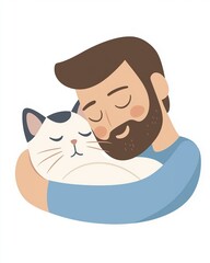 Cute cartoon illustration of a man hugging a cat with a peaceful expression. Concept of pet love, emotional support animals, and mental well-being through companionship.
