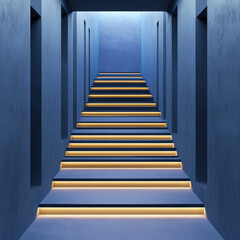 Fototapeta premium Modern Staircase with Blue Walls and Soft Yellow Lighting