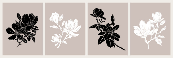 Set of botanical posters, wall arts with magnolia flower silhouettes black and white isolated on neutral background. Hand drawn Vector flat illustrations © Creative_Juice_Art