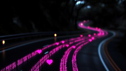 Fototapeta premium Pink heart digital road tunnel at night