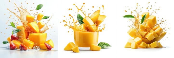 Mango slices splashing in caramel glaze, golden and sweet, isolate on white background. Mix