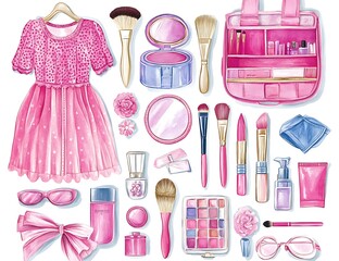 Pink dress, makeup, accessories, and beauty products watercolor illustration.