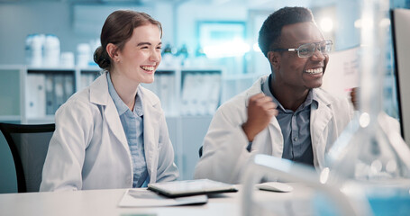 Science, lab and people fist pump on computer for discovery, breakthrough and vaccine success....