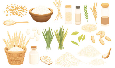 rice-related illustrations and smart farming technologies, focusing on grains, plants, cultivation, and innovative agricultural solutions for commercial use.