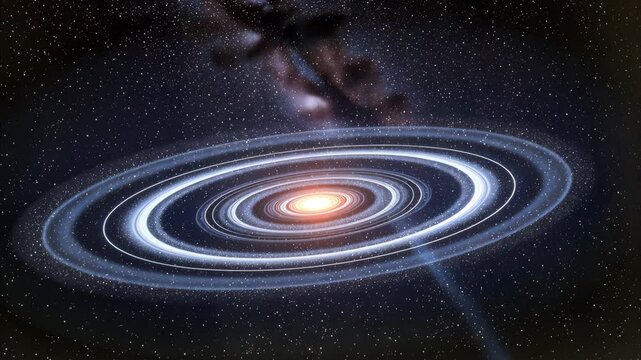 Vast cosmic void where planetary orbits appear warped, bending around Mercury&rsquo;s erratic motion, leaving luminous spirals of reversed energy