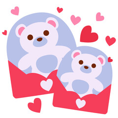 Adorable teddy bears inside red envelopes with floating hearts. Perfect for Valentine’s Day cards, romantic gifts, cute couple illustrations, or love-themed design elements and decorations.