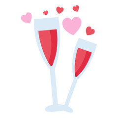 Romantic wine glass filled with red drink and hearts, perfect for Valentine’s Day, love celebrations, party decor, or romantic themed designs in cute flat cartoon style.