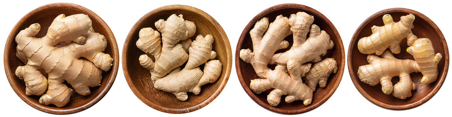 Fresh ginger root in a bowl, top view