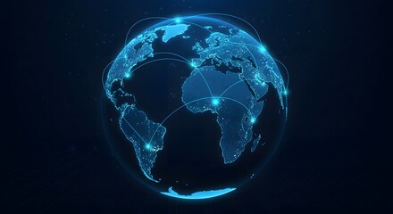 ai image depicts a glowing blue digital Earth globe with interconnected nodes, illustrating global networks, communication, data transfer, and technology.