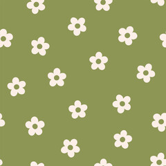 Spring pattern with beige flowers on green background. Cute vector seamless texture 