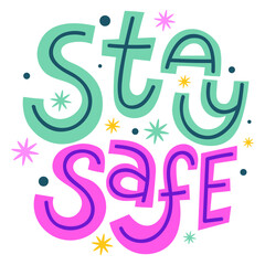 Obraz premium vector illustration of a colorful abstract text of stay safe in green and purple colors