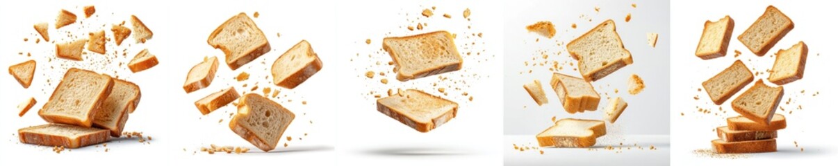 Toasted bread pieces flying mid-air, isolate on white background. Mix