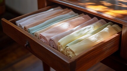 Rolled pastel cloths in opened wood drawer, use for home or linen organization