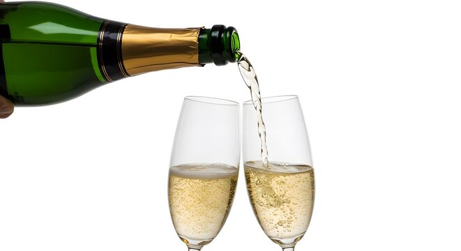 ai image showing champagne being poured from a green bottle into two elegant flute glasses, isolated on a white background. - Powered by Adobe
