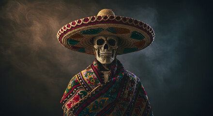 Fototapeta premium A skeletal figure dressed in a vibrant sombrero ai image