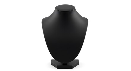 AI image features an empty black leatherette jewelry display bust mannequin, ideal for necklace presentation, isolated against a pure white background.