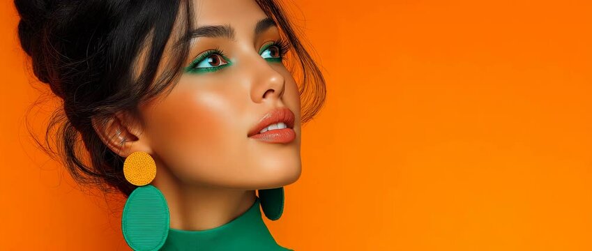 Gorgeous girl wearing jewels and earrings  Accessories and beauty.  Orange and neon combined with green