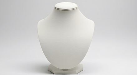AI image features an empty white leatherette jewelry display bust mannequin, designed for showcasing necklaces, isolated on a plain background.