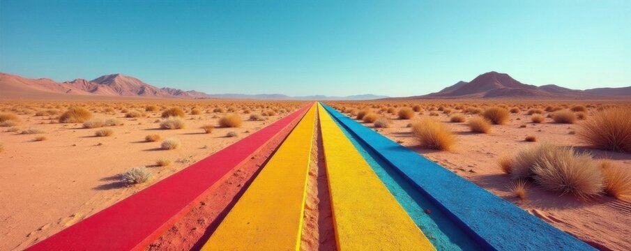 Parallel arrows on a barren landscape contrasting with vibrant colors and natural textures, Choice, Decision
