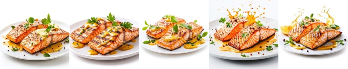 Grilled salmon splashing, yellow mustard sauce, isolate on white background.