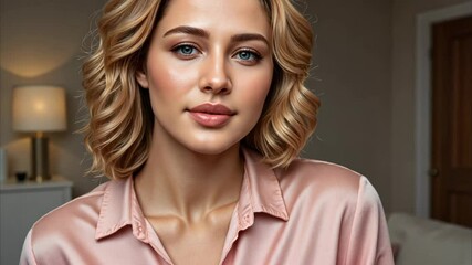 Stylish woman in a pastel pink satin blouse with soft waves of hair cascading over her shoulders, evoking femininity and elegance in a modern interior setting - Powered by Adobe