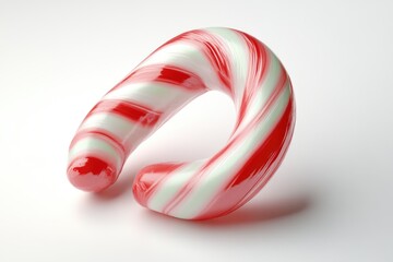A red and white candy cane, curved into a unique shape, is showcased against a plain white background.