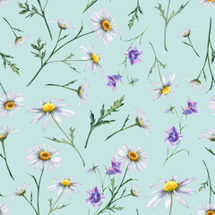Daisies and bluebell flowers have a seamless pattern on a blue background. Watercolor illustration of chamomile wildflowers decorated with hands. Ornament for printing on fabric, wallpaper, postcard
